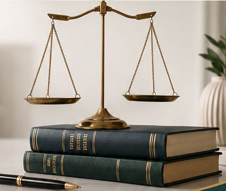 Balanza de justicia sobre libros jurídicos